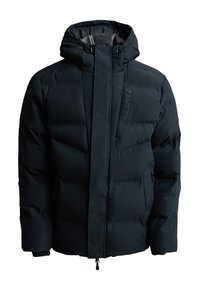 Veste d’hiver noire matelassée avec capuche, fermeture éclair frontale, poches latérales et logo "ZAVETTI" sur la poitrine.
