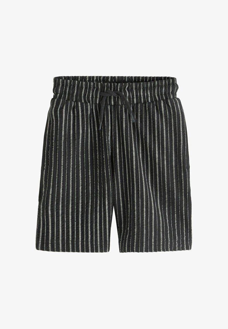 Shorts noirs à rayures blanches verticales, taille élastique, et cordon de serrage à l'avant, présentés sur un fond blanc.