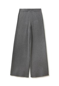 Pantalones de pierna ancha en gris, confeccionados en una tela suave, con una cinturilla plana y una textura lisa, sin bolsillos visibles ni adornos.