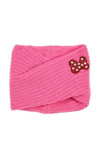 Fascia rosa lavorata a maglia con un design intrecciato, dotata di un accento a fiocco marrone con pois. Texture morbida con dettagli a coste.