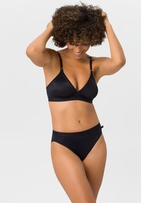 Black lingerie set featuring a triangular bra with adjustable straps and high-waisted underwear, both in a smooth, sleek material.
