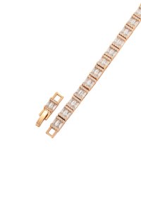 Bracciale in rosé con pietre chiare rettangolari, design a catena, con un fermo in uno stile simile. Texture liscia e finitura lucida.