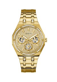 Montre octogonale dorée avec une lunette ornée de pierres précieuses, un cadran texturé, trois sous-cadrans et un bracelet en maillons avec des accents scintillants.