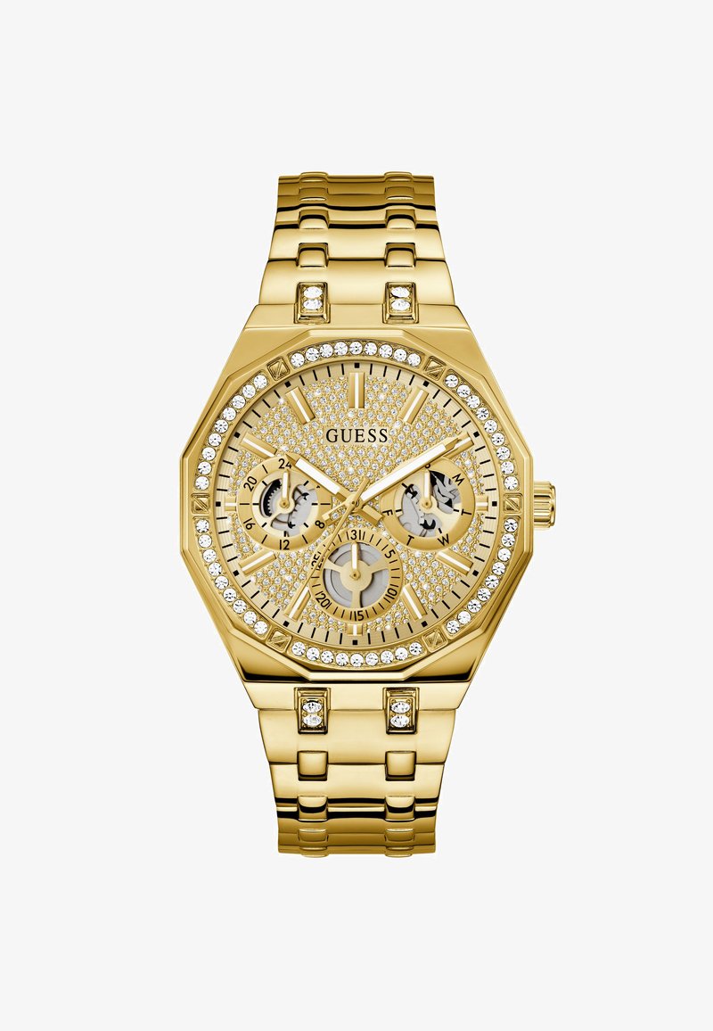 Goldfarbene achteckige Uhr mit einem mit Juwelen besetzten Gehäuse, strukturiertem Zifferblatt, drei Unterdials und einem verbundenen Armband mit funkelnden Akzenten.