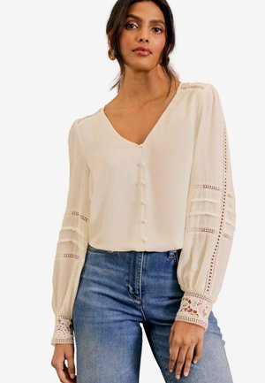 REGULAR FIT CUFF V-NECK - Blus - white