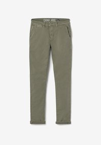 Pantalons joggers chinos vert olive avec une coupe ajustée, en tissu doux, dotés d'une fermeture à bouton, de passants de ceinture et de ourlets roulés.