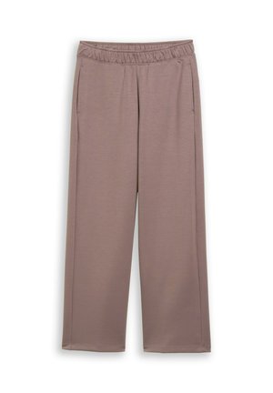 Loszittende mauve gebreide broek met elastische tailleband en zijzakken, ontworpen voor casual comfort.