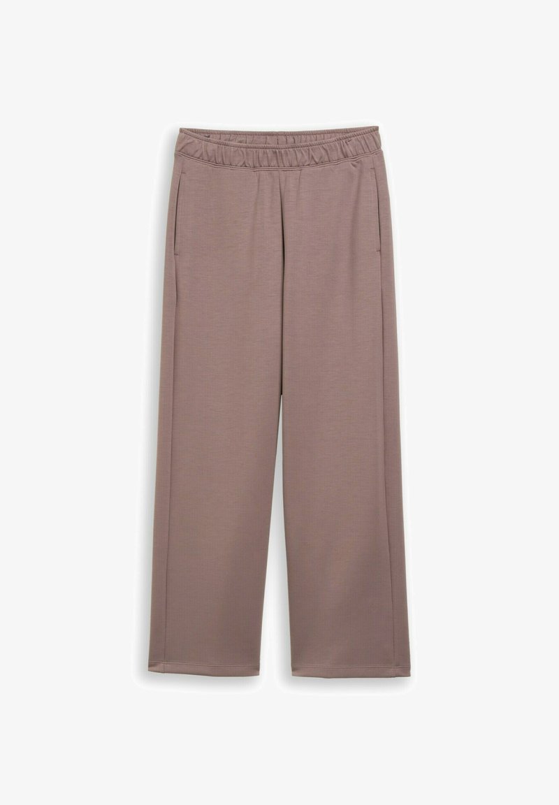 Loszittende mauve gebreide broek met elastische tailleband en zijzakken, ontworpen voor casual comfort.