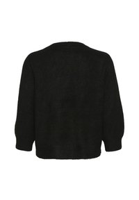 Czarny sweter z dzianiny ma luźny krój, okrągły dekolt i rękawy o długości trzech czwartych. Miękka tekstura z ribbowanymi mankietami i dołem.