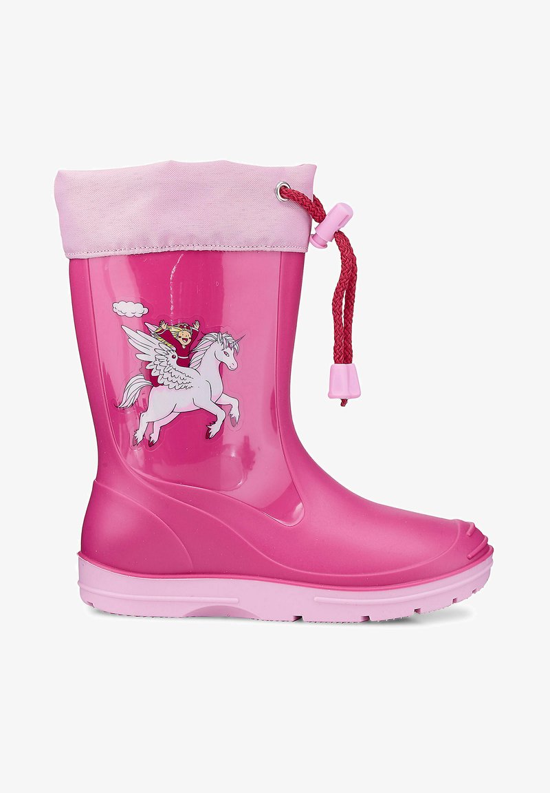 Roze rubberen regenlaars met een lichtroze stoffen rand, voorzien van een pegasusafbeelding. Glad textuur, ronde neus en een rubberen zool.