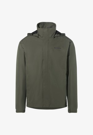 Waterdichte groene jas met een hoge kraag en verstelbare capuchon. Beschikt over een ritssluiting aan de voorkant en elastische manchetten, gemaakt van glad synthetisch materiaal.