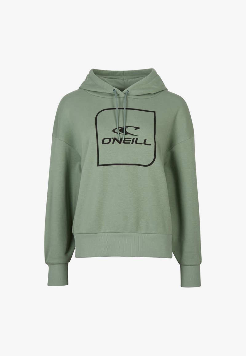 Grüne Kapuzenjacke aus weichem Stoff; mit einer Kängurutasche, Kapuze mit Zugband und einem schwarzen, quadratischen Logo auf der Brust. Gerippte Bündchen und Saum.