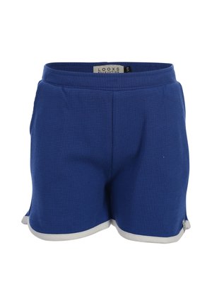 Blauwe gestructureerde gebreide shorts met witte rand aan de zoom, elastische tailleband en zijzakken, met label "LOOXS Revolution" maat 128.