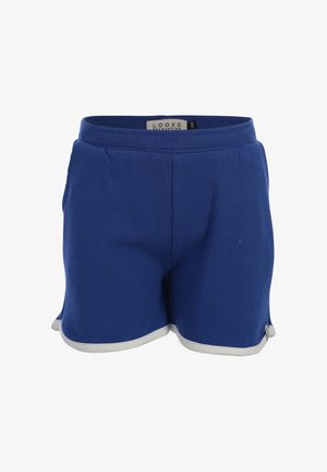 Blauwe gestructureerde gebreide shorts met witte rand aan de zoom, elastische tailleband en zijzakken, met label "LOOXS Revolution" maat 128.