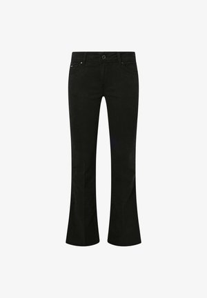 Czarne dżinsy w fasonie dzwonów wykonane z mieszanki bawełny. Posiadają zapięcie na guzik z przodu oraz pięć kieszeni, charakteryzują się gładką fakturą i prostymi liniami.