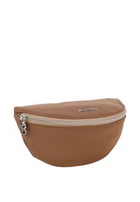 Borsa a tracolla in nylon marrone con cerniera argentata, forma ovale, logo impresso sul davanti, texture liscia e accessorio hardware staccabile.