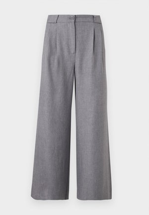 Grå skreddersydde bukser med vide ben, knapp- og glidelåslukking, fremre folder og beltehemper.