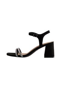Sandali con tacco in suede nero, dotati di due fasce in strass argentati, fibbia alla caviglia e tacco a blocco. Suola piatta e design open toe.