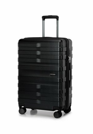Black hard-shell suitcase with a textured carbon fiber design, four wheels, and an extendable handle. Features a brand logo on the front.