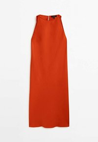 Czerwona sukienka bez rękawów z wysokim dekoltem, gładkiego materiału i zapięciem na zamek z tyłu. Projekt jest minimalistyczny i o kroju A.