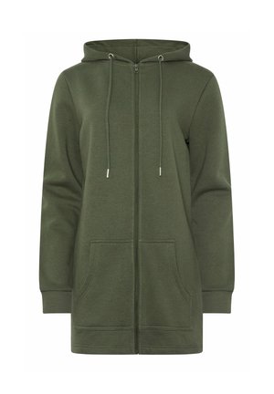 Sudadera larga de color verde oliva con cremallera frontal, cordones en la capucha, puños acanalados y dos bolsillos delanteros.