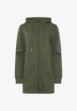Długa bluza z kapturem w oliwkowym zielonym kolorze, z zamkiem błyskawicznym z przodu, troczkami na kapturze, ściągaczami na rękawach oraz dwoma przednimi kieszeniami.