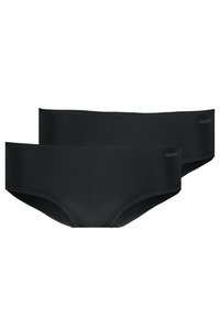 Crne bikinijske gaćice, izrađene od glatkog materijala, s bešavnima strukom i minimalističkim dizajnom. Dva para složena. Logo na struku.