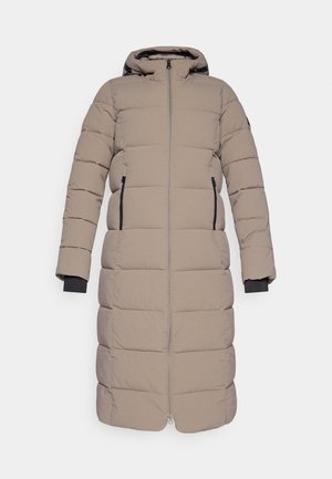 Lange, gevoerde jas in een lichtbeige kleur met een volledige ritssluiting, capuchon en zwarte manchetten. Voorzien van zijzakken en een gestikte textuur.