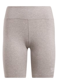 Sivé športové šortky vyrobené z mäkkej a elastickej tkaniny. Vyznačujú sa vysokým pásom a minimalistickým dizajnom s malým logom v dolnom rohu.