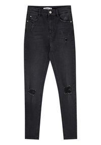 Jeans skinny negros de talle alto hechos de denim, con múltiples áreas desgastadas y bordes deshilachados, diseño de cinco bolsillos y herrajes de metal.