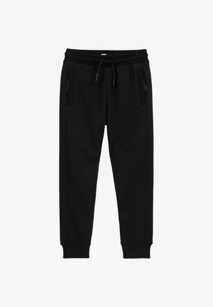 Pantaloni jogger neri in tessuto morbido, con due tasche laterali con cerniera, vita a coste e polsini affusolati con dettagli a pannello.