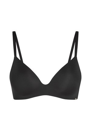 Schwarzer nahtloser BH mit dünnen verstellbaren doppelten Schulterträgern und geformten Cups, vor weißem Hintergrund dargestellt.