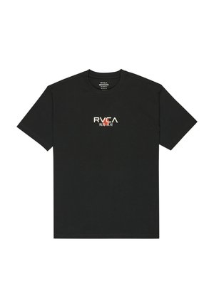 Black cotton t-shirt with short sleeves, featuring a white and red RVCA logo centered on the chest. Basic round neck design.