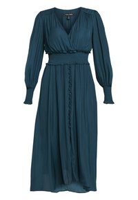 Türkise Midikleid mit langen Ärmeln, Wickelausschnitt, gerafftem Bund, durchgehender Knopfleiste und gerafften Bündchen an den Ärmeln.