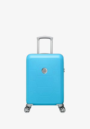 Blauwe harde koffer met een hexagonaal patroon, zilveren accenten, uitschuifbare handgreep en vier draaibare wielen.