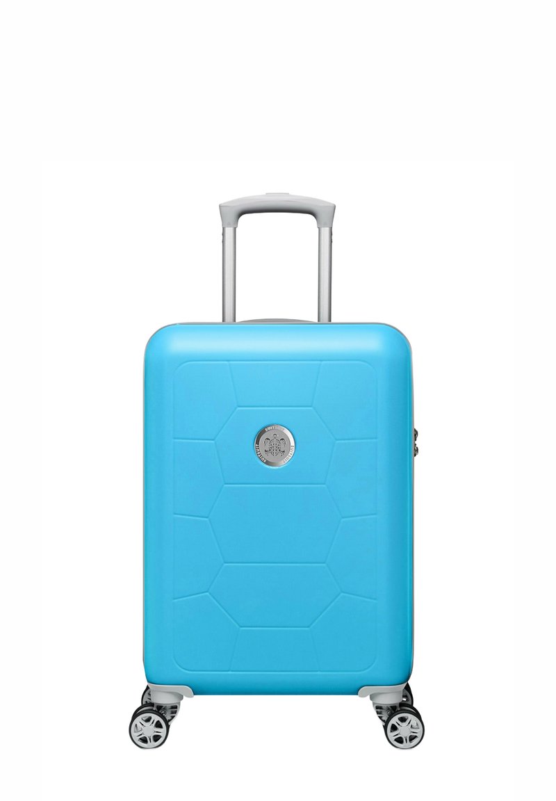 Blauwe harde koffer met een hexagonaal patroon, zilveren accenten, uitschuifbare handgreep en vier draaibare wielen.