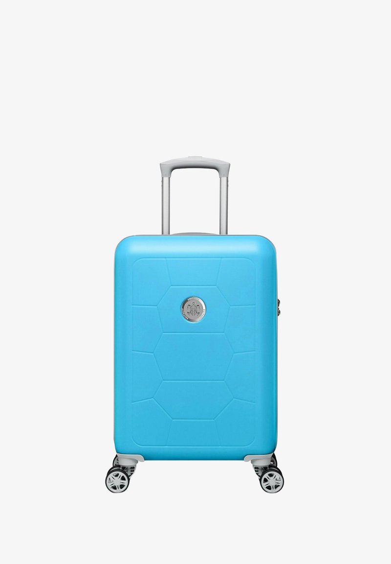 Blauwe harde koffer met een hexagonaal patroon, zilveren accenten, uitschuifbare handgreep en vier draaibare wielen.