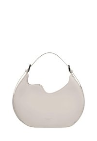 Hobo-veske i lys beige lær med glatt tekstur og buet silhuett. Har en enkelt justerbar stropp og minimalistisk design.