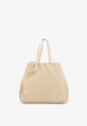 Beige bag with a textured woven design, featuring two sturdy handles and a spacious, structured shape.