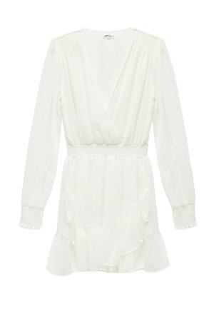 Vestido mini blanco de manga larga con escote en V profundo, cintura y puños fruncidos, textura de puntos sutil y detalles de dobladillo con volantes.