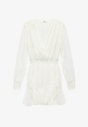 Vestido mini blanco de manga larga con escote en V profundo, cintura y puños fruncidos, textura de puntos sutil y detalles de dobladillo con volantes.