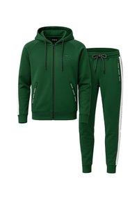 Grüne Kapuzenjacke mit Reißverschluss und seitlichen Taschen sowie passenden Jogginghosen. Mit weißen Seitenstreifen und Kordelzug. Hergestellt aus weichem, dehnbarem Material.