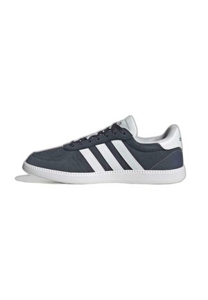 Dunkelblaue Wildleder-Sneaker mit weißer Gummisohle, ausgestattet mit drei weißen Streifen an der Seite und tonalem Nähen. Minimalistisches Design.