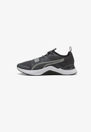 Szürke sportcipő hálós felsőrészsel, fehér középtalppal, gumitalppal és tónusos részletekkel. Fűzős megoldással és húzókával a sarkán.