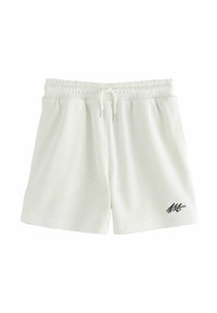 Shorts en mesh blancs avec une taille élastique et un cordon de serrage. Présente un logo noir en bas à gauche, offrant respirabilité et confort.