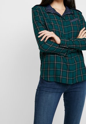 Person trägt blaue Jeans und ein grün-navy kariertes langärmeliges Hemd mit verschränkten Armen vor einem schlichten hellen Hintergrund.