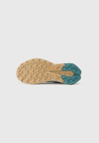 Trail shoe sole with a rugged textured design. Features a dark blue upper, light tan outsole, and a teal accent at the heel.