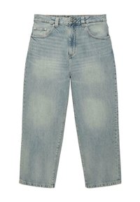 Világoskék, magas derekú farmernadrág egyenes szárakkal, öt zsebbel, övbújtatókkal és gombos előlappal.