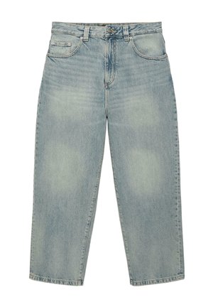 Svetlomodré rifle s vysokým pásom a priamym strihom nohavíc, s piatimi vreckami, pútkami na opasok a zapínaním na gombíky.