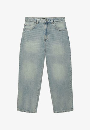 Svetlomodré rifle s vysokým pásom a priamym strihom nohavíc, s piatimi vreckami, pútkami na opasok a zapínaním na gombíky.